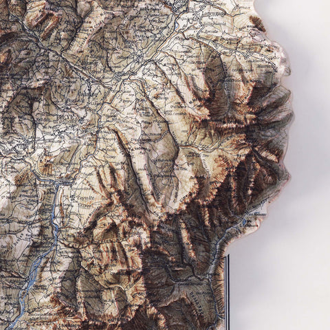 Dolomites (Italy), Topographic map - 1904, 2D printed shaded relief map with 3D effect of a 1904 topographic map of Dolomites (Italy). Shop our beautiful fine art printed maps on supreme Cotton paper. Vintage maps digitally restored and enhanced with a 3D effect. VizCart from Vizart