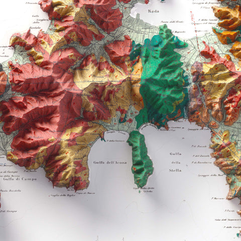 Elba Island (Italy), Geological map - 1884, 2D printed shaded relief map with 3D effect of a 1904 topographic map of Dolomites (Italy). Shop our beautiful fine art printed maps on supreme Cotton paper. Vintage maps digitally restored and enhanced with a 3D effect. VizCart from Vizart