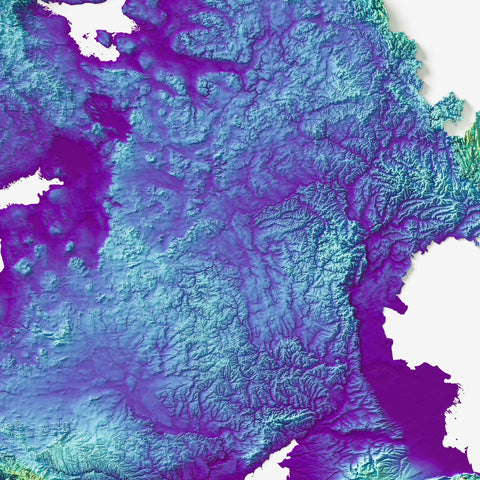 Europe, Elevation tint - Viridis, 2D printed shaded relief map with 3D effect of Europe with viridis hypsometric tint. Shop our beautiful fine art printed maps on supreme Cotton paper. Vintage maps digitally restored and enhanced with a 3D effect. VizCart from Vizart