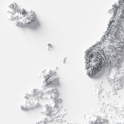 Europe, Elevation tint - White, 2D printed shaded relief map with 3D effect of Europe with monochrome hypsometric tint. Shop our beautiful fine art printed maps on supreme Cotton paper. Vintage maps digitally restored and enhanced with a 3D effect., VizCart from Vizart