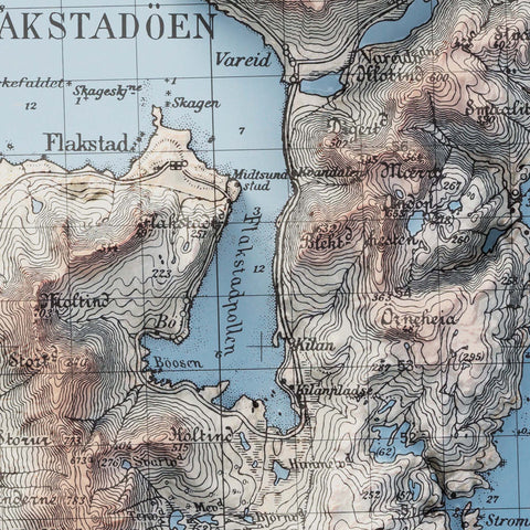 Flakstad (Lofoten Islands, Norway), Topographic map - 1952, 2D printed shaded relief map with 3D effect of a 1952 topographic map of Flakstad (Lofoten Islands, Norway). Shop our beautiful fine art printed maps on supreme Cotton paper. Vintage maps digitally restored and enhanced with a 3D effect. VizCart from Vizart
