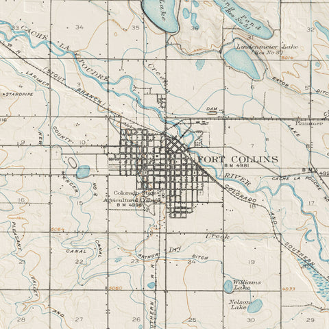 Fort Collins (Colorado, USA), Topographic map - 1906, 2D printed shaded relief map with 3D effect of a 1906 topographic map of Fort Collins (Colorado, USA). Shop our beautiful fine art printed maps on supreme Cotton paper. Vintage maps digitally restored and enhanced with a 3D effect. VizCart from Vizart