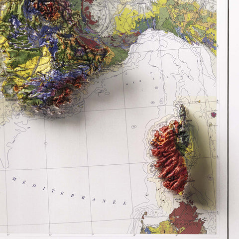 France, Geological map - 1980, 2D printed shaded relief map with 3D effect of a 1980 geological map of France. Shop our beautiful fine art printed maps on supreme Cotton paper. Vintage maps digitally restored and enhanced with a 3D effect. VizCart from Vizart