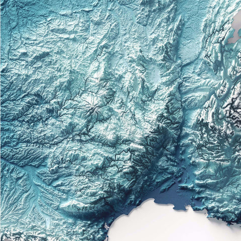 France, Elevation tint - Deep Blue, 2D printed shaded relief map with 3D effect of France with deep blue elevation tint. Shop our beautiful fine art printed maps on supreme Cotton paper. Vintage maps digitally restored and enhanced with a 3D effect. VizCart from Vizart