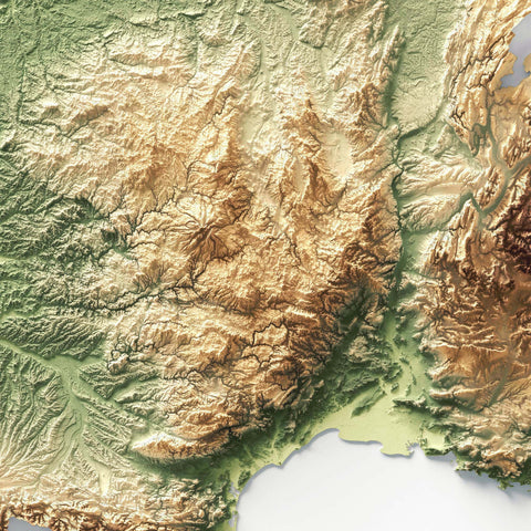 France, Elevation tint - Geo, 2D printed shaded relief map with 3D effect of France with geo elevation tint. Shop our beautiful fine art printed maps on supreme Cotton paper. Vintage maps digitally restored and enhanced with a 3D effect. VizCart from Vizart