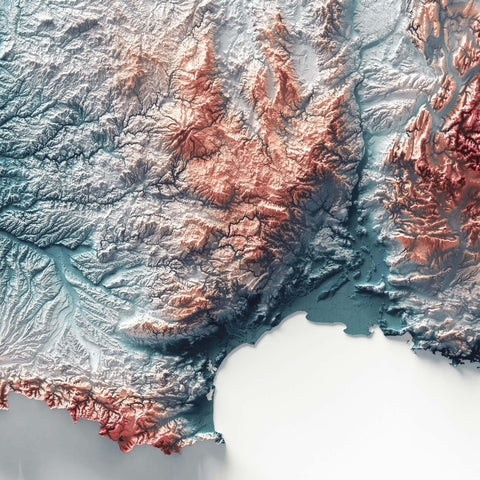 France, Elevation tint - Irid, 2D printed shaded relief map with 3D effect of France with irid elevation tint. Shop our beautiful fine art printed maps on supreme Cotton paper. Vintage maps digitally restored and enhanced with a 3D effect. VizCart from Vizart