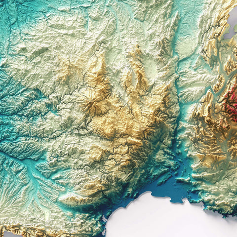 France, Elevation tint - Spectral, 2D printed shaded relief map with 3D effect of France with spectral elevation tint. Shop our beautiful fine art printed maps on supreme Cotton paper. Vintage maps digitally restored and enhanced with a 3D effect. VizCart from Vizart
