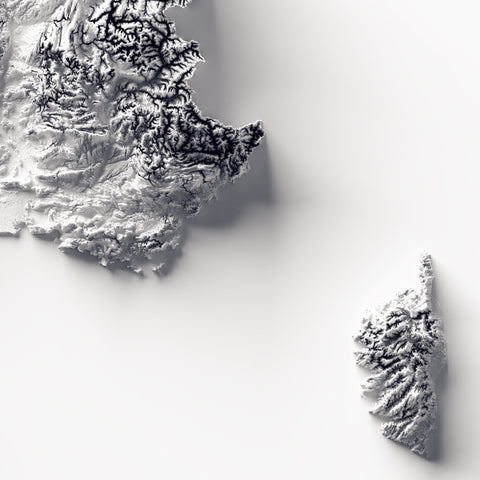 France, Elevation tint - White, 2D printed shaded relief map with 3D effect of France with monochrome white tint. Shop our beautiful fine art printed maps on supreme Cotton paper. Vintage maps digitally restored and enhanced with a 3D effect. VizCart from Vizart