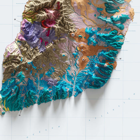 Fuerteventura (Spain), Geological map - 1991, 2D printed shaded relief map with 3D effect of a 1991 geological map of Isla Fuerteventura (Spain). Shop our beautiful fine art printed maps on supreme Cotton paper. Vintage maps digitally restored and enhanced with a 3D effect. VizCart from Vizart