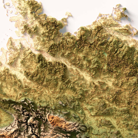 Germany, Elevation tint - Geo, 2D printed shaded relief map with 3D effect of Germany with geo elevation tint. Shop our beautiful fine art printed maps on supreme Cotton paper. Vintage maps digitally restored and enhanced with a 3D effect. VizCart from Vizart