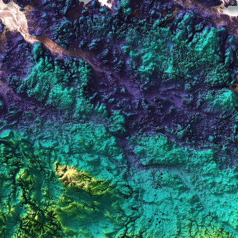 Germany, Elevation tint - Viridis, 2D printed shaded relief map with 3D effect of Germany with viridis elevation tint. Shop our beautiful fine art printed maps on supreme Cotton paper. Vintage maps digitally restored and enhanced with a 3D effect. VizCart from Vizart