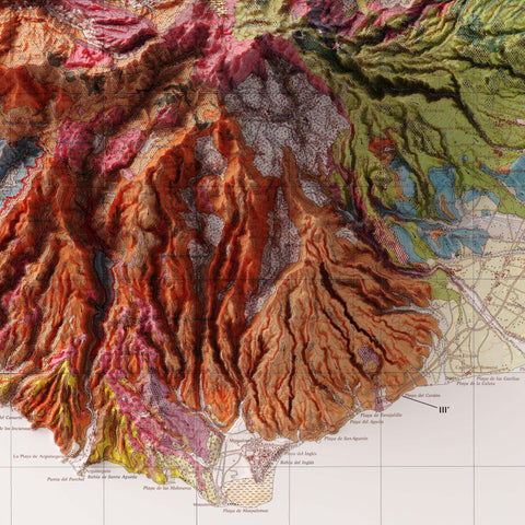 Gran Canaria (Spain), Geological map - 1990, 2D printed shaded relief map with 3D effect of a 1944 topographic map of Gran Canaria (Spain). Shop our beautiful fine art printed maps on supreme Cotton paper. Vintage maps digitally restored and enhanced with a 3D effect. VizCart from Vizart