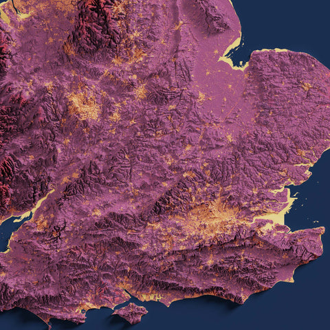 Great Britain (UK), Elevation tint - Magma, 2D printed shaded relief map with 3D effect of Great Britain with magma hypsometric tint. Shop our beautiful fine art printed maps on supreme Cotton paper. Vintage maps digitally restored and enhanced with a 3D effect. VizCart from Vizart
