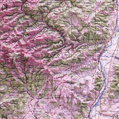 Grenoble (France), Topographic map - 1943, 2D printed shaded relief map with 3D effect of a 1943 topographic map of Grenoble (France). Shop our beautiful fine art printed maps on supreme Cotton paper. Vintage maps digitally restored and enhanced with a 3D effect. VizCart from Vizart