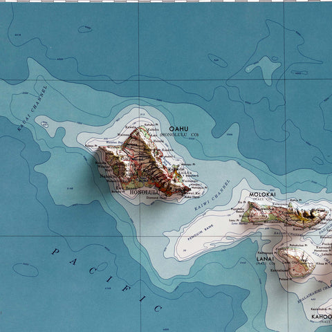 Hawaii (USA), Topographic map - 1974, 2D printed shaded relief map with 3D effect of a 1974 topographic map of Hawaii (USA). Shop our beautiful fine art printed maps on supreme Cotton paper. Vintage maps digitally restored and enhanced with a 3D effect. VizCart from Vizart