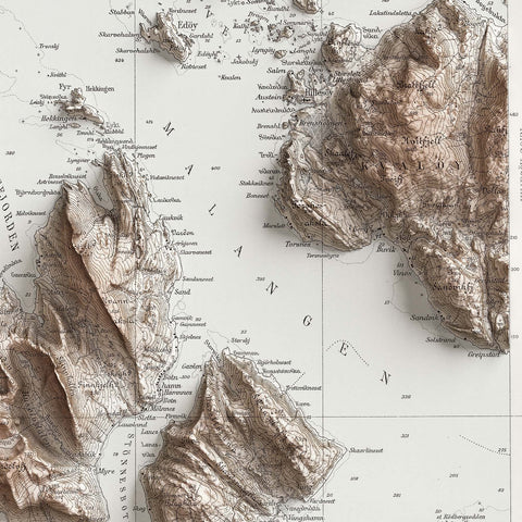 Hekkingen (Norway), Topographic map - 1930, 2D printed shaded relief map with 3D effect of a 1930 topographic map of Hekkingen (Norway). Shop our beautiful fine art printed maps on supreme Cotton paper. Vintage maps digitally restored and enhanced with a 3D effect. VizCart from Vizart