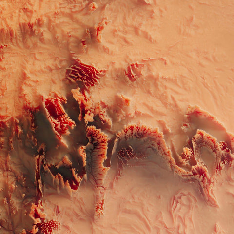 Hoggar (Algeria), Elevation tint - Red, 2D printed shaded relief map with 3D effect of Hoggar mountains (Algeria) with red hypsometric tint. Shop our beautiful fine art printed maps on supreme Cotton paper. Vintage maps digitally restored and enhanced with a 3D effect. VizCart from Vizart