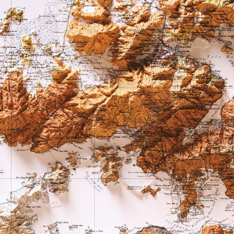 Hong Kong, Geological map - 1936, 2D printed shaded relief map with 3D effect of a 1936 geological map of Hong Kong. Shop our beautiful fine art printed maps on supreme Cotton paper. Vintage maps digitally restored and enhanced with a 3D effect. VizCart from Vizart