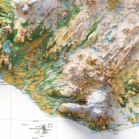 Iceland 1998 soil restored antique shaded relief map print on fine art paper close-up