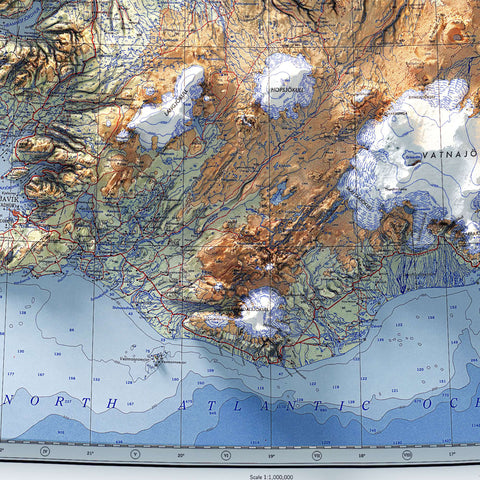 Iceland, Topographic map - 1952, 2D printed shaded relief map with 3D effect of a 1952 topographic map of Iceland. Shop our beautiful fine art printed maps on supreme Cotton paper. Vintage maps digitally restored and enhanced with a 3D effect. VizCart from Vizart
