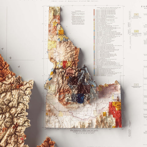 Idaho (USA), Geological map - 1947, 2D printed shaded relief map with 3D effect of a 1947 geological map of Idaho (USA). Shop our beautiful fine art printed maps on supreme Cotton paper. Vintage maps digitally restored and enhanced with a 3D effect. VizCart from Vizart
