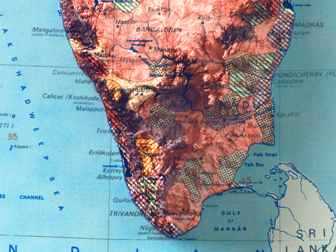 India, Soil map - 1985, 2D printed shaded relief map with 3D effect of a 1985 soil map of India. Shop our beautiful fine art printed maps on supreme Cotton paper. Vintage maps digitally restored and enhanced with a 3D effect. VizCart from Vizart