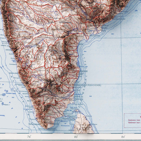 India, Topographic map - 1973, 2D printed shaded relief map with 3D effect of a 1973 topographic map of India. Shop our beautiful fine art printed maps on supreme Cotton paper. Vintage maps digitally restored and enhanced with a 3D effect. VizCart from Vizart