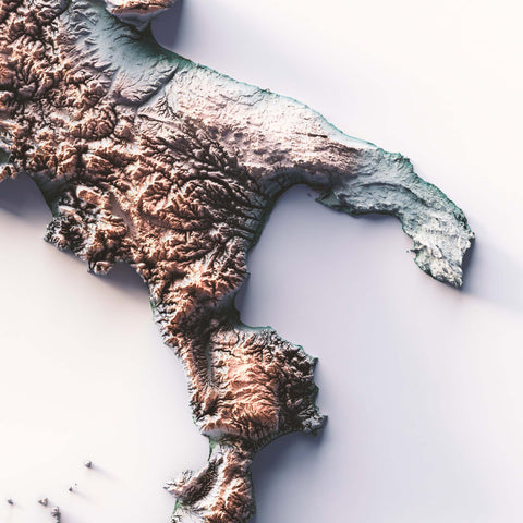 Italy, Elevation tint - Irid, 2D printed shaded relief map with 3D effect of Italy with irid hypsometric tint. Shop our beautiful fine art printed maps on supreme Cotton paper. Vintage maps digitally restored and enhanced with a 3D effect. VizCart from Vizart