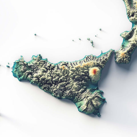 Italy, Elevation tint - Spectral, 2D printed shaded relief map with 3D effect of Italy with spectral hypsometric tint. Shop our beautiful fine art printed maps on supreme Cotton paper. Vintage maps digitally restored and enhanced with a 3D effect. VizCart from Vizart