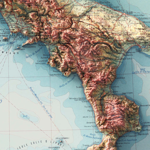 Italy, Topographic map - 1967, 2D printed shaded relief map with 3D effect of a 1967 topographic map of Italy. Shop our beautiful fine art printed maps on supreme Cotton paper. Vintage maps digitally restored and enhanced with a 3D effect. VizCart from Vizart