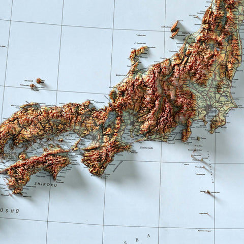 Japan, Topographic map - 1945, 2D printed shaded relief map with 3D effect of a 1945 topographic map of Japan. Shop our beautiful fine art printed maps on supreme Cotton paper. Vintage maps digitally restored and enhanced with a 3D effect. VizCart from Vizart