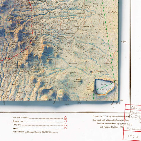 Kilimanjaro (Tanzania), Topographic map - 1978, 2D printed shaded relief map with 3D effect of a 1978 topographic map of Kilimanjaro (Tanzania). Shop our beautiful fine art printed maps on supreme Cotton paper. Vintage maps digitally restored and enhanced with a 3D effect. VizCart from Vizart