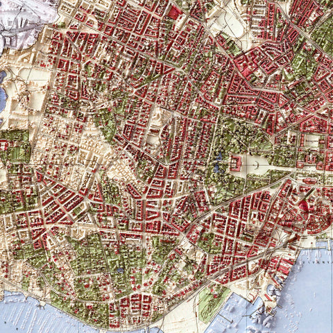 Kristiania (Norway) 1901 city restored antique shaded relief map print on fine art paper close-up