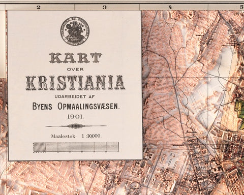 Kristiania (Norway), City map - 1901, 2D printed shaded relief map with 3D effect of a 1901 city map of Kristiania (Oslo, Norway). Shop our beautiful fine art printed maps on supreme Cotton paper. Vintage maps digitally restored and enhanced with a 3D effect., VizCart from Vizart