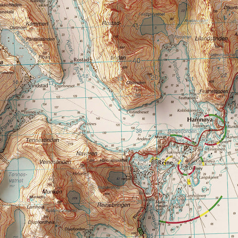 Lofotodden (Lofoten Islands, Norway), Topographic map - 2009, 2D printed shaded relief map with 3D effect of a 1952 topographic map of Flakstad (Lofoten Islands, Norway). Shop our beautiful fine art printed maps on supreme Cotton paper. Vintage maps digitally restored and enhanced with a 3D effect. VizCart from Vizart
