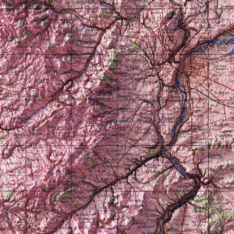 Lyon (France) 1943 topographic restored antique shaded relief map print on fine art paper close-up