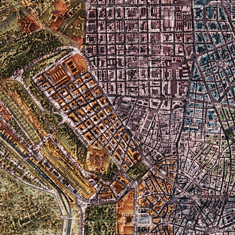 Madrid (Spain), City map - 1940, 2D printed shaded relief map with 3D effect of a 1940 city map of Madrid. Shop our beautiful fine art printed maps on supreme Cotton paper. Vintage maps digitally restored and enhanced with a 3D effect. VizCart from Vizart