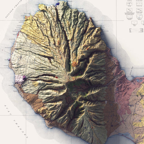 Maui (Hawaii, USA), Geological map - 1942, 2D printed shaded relief map with 3D effect of a 1942 geological map of Maui (Hawaii, USA). Shop our beautiful fine art printed maps on supreme Cotton paper. Vintage maps digitally restored and enhanced with a 3D effect. VizCart from Vizart