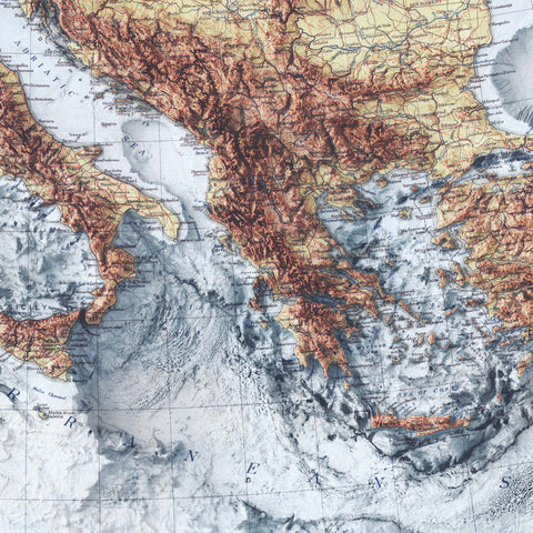 Mediterranean Sea Bathymetric, Topographic map - 1937, 2D printed shaded relief map with 3D effect of a 1937 topographic map of Mediterranean Sea with bathyimetric. Shop our beautiful fine art printed maps on supreme Cotton paper. Vintage maps digitally restored and enhanced with a 3D effect. VizCart from Vizart
