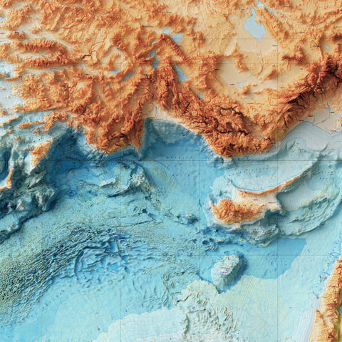Mediterranean Sea Bathymetric, Topographic map - 1981, 2D printed shaded relief map with 3D effect of a 1981 topographic map of Mediterranean Sea with bathyimetric. Shop our beautiful fine art printed maps on supreme Cotton paper. Vintage maps digitally restored and enhanced with a 3D effect. VizCart from Vizart
