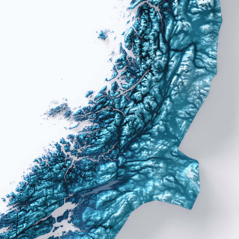 Norway, Elevation tint - Deep Blue, 2D printed shaded relief map with 3D effect of Europe with deep blue hypsometric tint. Shop our beautiful fine art printed maps on supreme Cotton paper. Vintage maps digitally restored and enhanced with a 3D effect. VizCart from Vizart