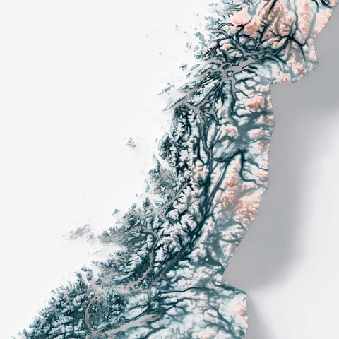 Norway, Elevation tint - Irid, 2D printed shaded relief map with 3D effect of Europe with irid hypsometric tint. Shop our beautiful fine art printed maps on supreme Cotton paper. Vintage maps digitally restored and enhanced with a 3D effect. VizCart from Vizart