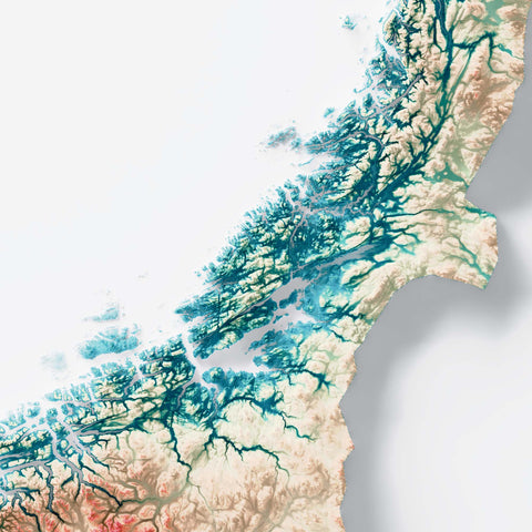 Norway, Elevation tint - Spectral, 2D printed shaded relief map with 3D effect of Europe with spectral hypsometric tint. Shop our beautiful fine art printed maps on supreme Cotton paper. Vintage maps digitally restored and enhanced with a 3D effect. VizCart from Vizart