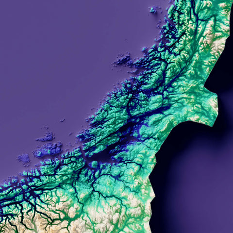 Norway, Elevation tint - Viridis, 2D printed shaded relief map with 3D effect of Europe with virid hypsometric tint. Shop our beautiful fine art printed maps on supreme Cotton paper. Vintage maps digitally restored and enhanced with a 3D effect. VizCart from Vizart