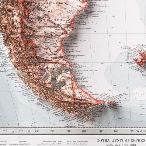 Patagonia, Topographic map - 1925, 2D printed shaded relief map with 3D effect of a 1925 topographic map of Patagonia. Shop our beautiful fine art printed maps on supreme Cotton paper. Vintage maps digitally restored and enhanced with a 3D effect. VizCart from Vizart