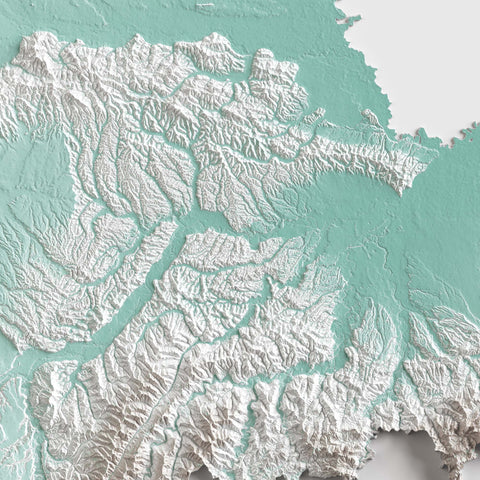 Piedmont (Italy), Elevation tint - Petrol, 2D printed shaded relief map with 3D effect of Piedmont (Italy) with petrol hypsometric tint. Shop our beautiful fine art printed maps on supreme Cotton paper. Vintage maps digitally restored and enhanced with a 3D effect. VizCart from Vizart