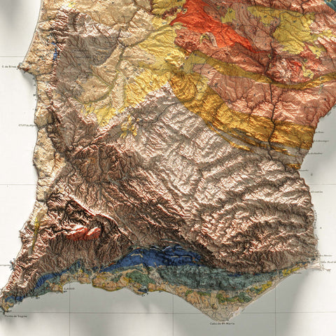 Portugal, Geological map - 1899, 2D printed shaded relief map with 3D effect of a 1899 geological map of Portugal. Shop our beautiful fine art printed maps on supreme Cotton paper. Vintage maps digitally restored and enhanced with a 3D effect. VizCart from Vizart