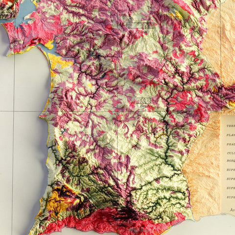 Portugal, Soil map - 1958, 2D printed shaded relief map with 3D effect of a 1958 soil map of Portugal. Shop our beautiful fine art printed maps on supreme Cotton paper. Vintage maps digitally restored and enhanced with a 3D effect. VizCart from Vizart