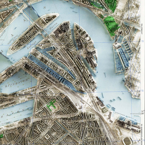 Rotterdam (The Netherlands), City map - 1944, 2D printed shaded relief map with 3D effect of a 1944 city map of Rotterdam (Netherlands). Shop our beautiful fine art printed maps on supreme Cotton paper. Vintage maps digitally restored and enhanced with a 3D effect. VizCart from Vizart