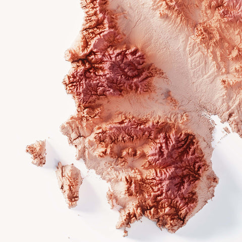 Sardinia (Italy), Elevation tint - Coral, 2D printed shaded relief map with 3D effect of Sardinia (Italy) with coral hypsometric tint. Shop our beautiful fine art printed maps on supreme Cotton paper. Vintage maps digitally restored and enhanced with a 3D effect. VizCart from Vizart